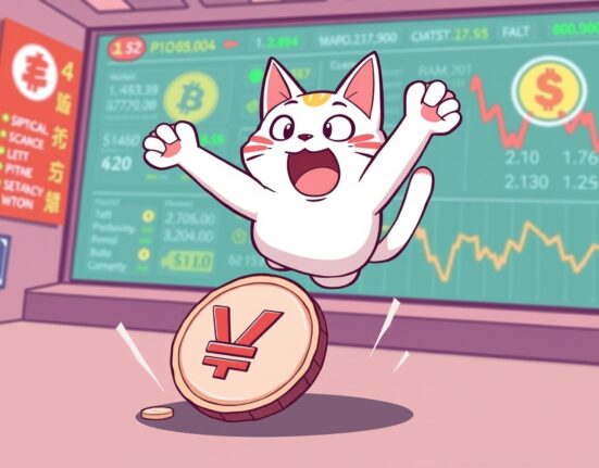 A vibrant cartoon illustration depicting the excitement around the Popcat listing on Bithumb, symbolizing new trading opportunities.