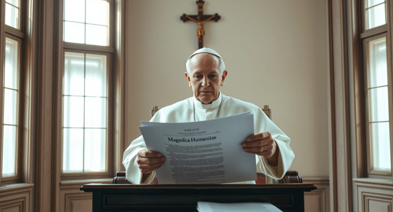 Pope Leo XIV seated at desk reviewing Magnifica Humanitas encyclical in Vatican study