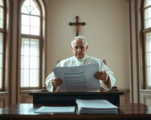 Pope Leo XIV seated at desk reviewing Magnifica Humanitas encyclical in Vatican study