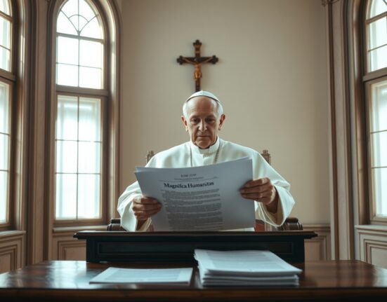 Pope Leo XIV seated at desk reviewing Magnifica Humanitas encyclical in Vatican study