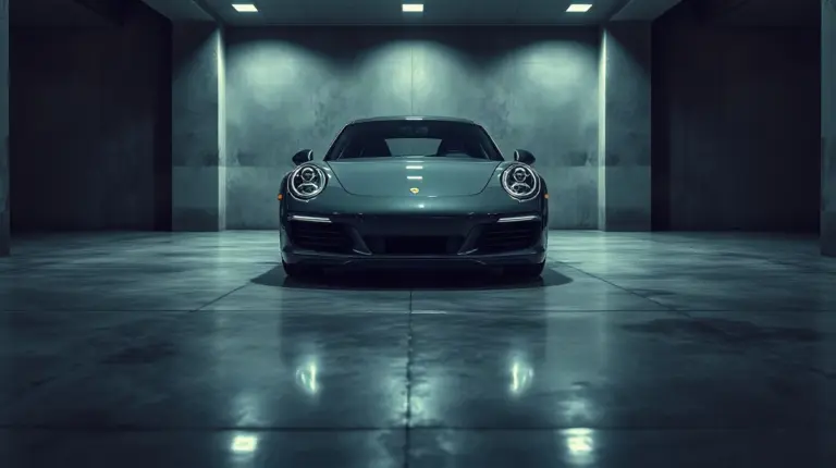 Porsche 911 sports car in a showroom, illustrating the end of the PIONΞERS CIRCLE Web3 project.