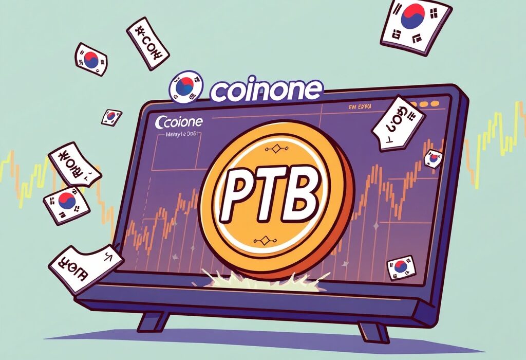 Cartoon illustration showing the exciting PortalToBitcoin listing on Coinone, symbolizing new trading opportunities for investors.