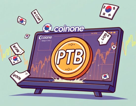 Cartoon illustration showing the exciting PortalToBitcoin listing on Coinone, symbolizing new trading opportunities for investors.