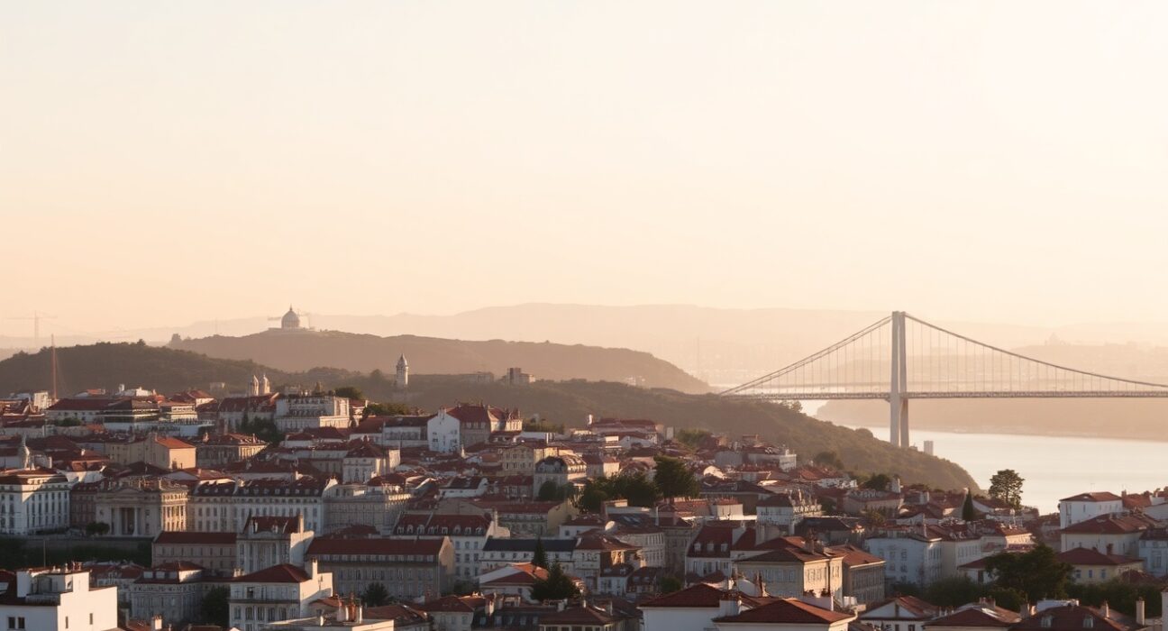 Lisbon skyline at sunrise over the Tagus River, illustrating Portugal's stable business climate in July.