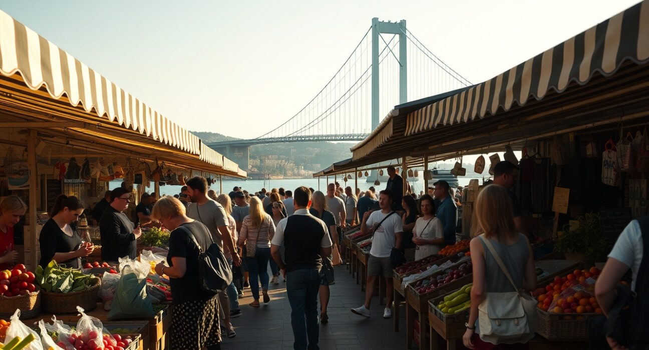 Shoppers at a Lisbon outdoor market on a sunny afternoon, representing consumer sentiment in Portugal.