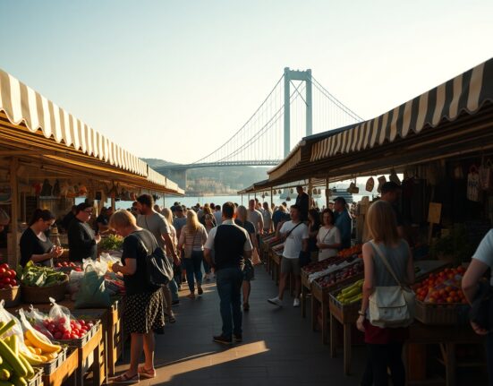 Shoppers at a Lisbon outdoor market on a sunny afternoon, representing consumer sentiment in Portugal.