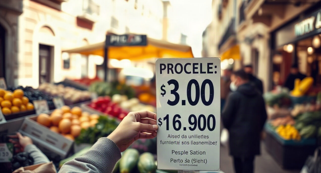 Lisbon market vendor adjusting price tags, representing Portugal's consumer price index movement.