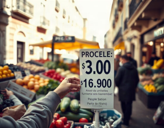 Lisbon market vendor adjusting price tags, representing Portugal's consumer price index movement.