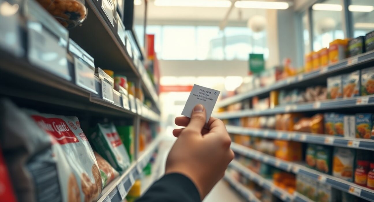 Shopper checking price tag in a Portuguese supermarket, illustrating the July CPI decline
