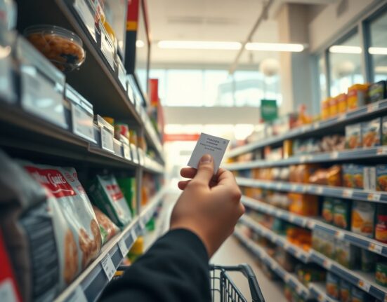 Shopper checking price tag in a Portuguese supermarket, illustrating the July CPI decline