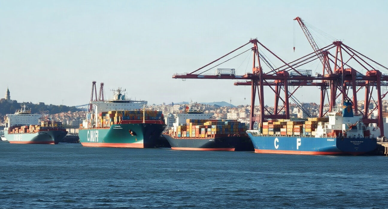 Port of Lisbon with cargo ships and cranes under clear sky, representing Portugal's external trade activity.