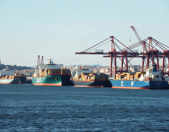 Port of Lisbon with cargo ships and cranes under clear sky, representing Portugal's external trade activity.