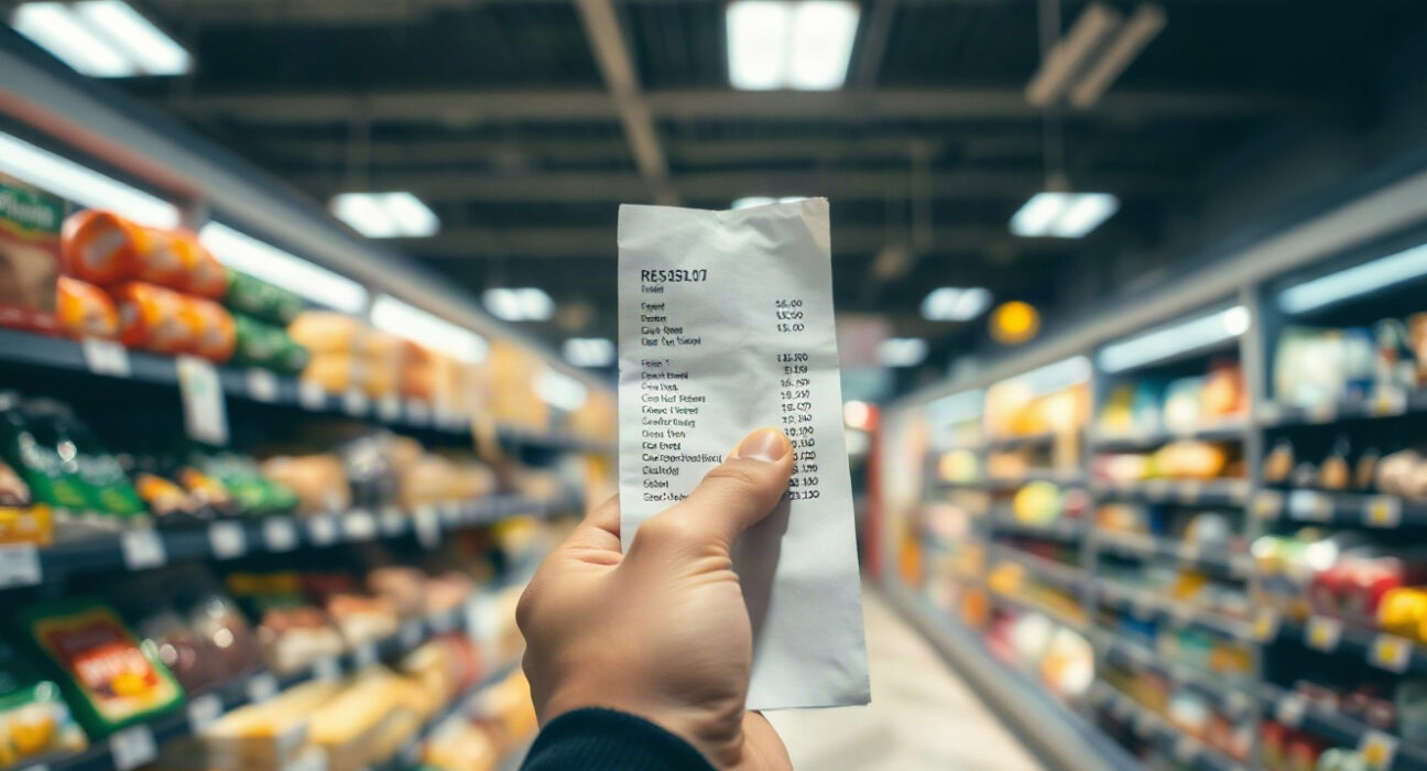 Shopper holding a receipt in a Portuguese supermarket, illustrating rising consumer prices.