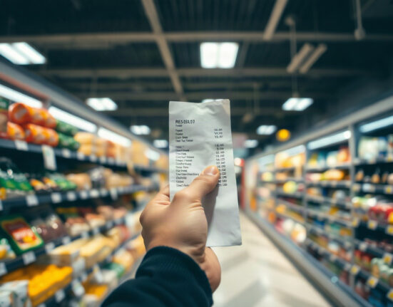 Shopper holding a receipt in a Portuguese supermarket, illustrating rising consumer prices.
