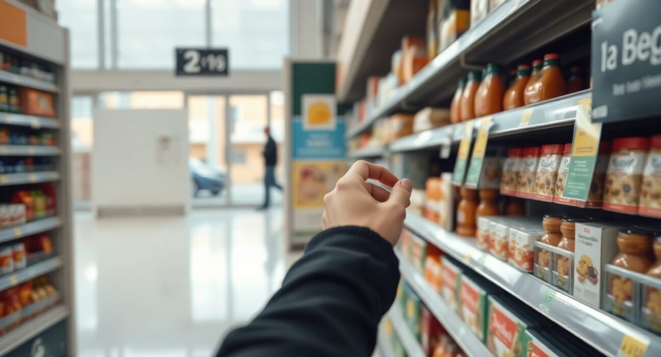 Shopper in a Portuguese supermarket reaching for a product with price tags visible
