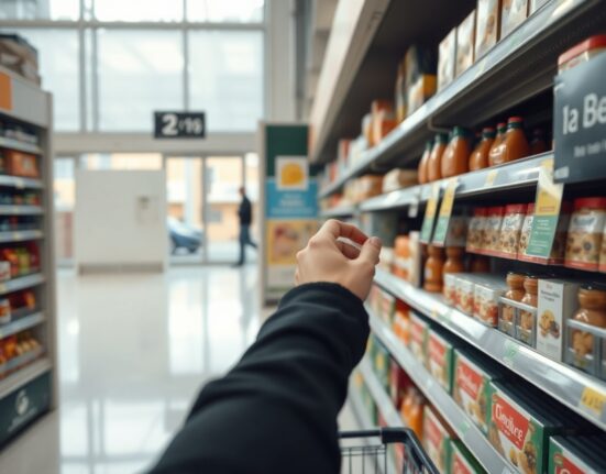 Shopper in a Portuguese supermarket reaching for a product with price tags visible