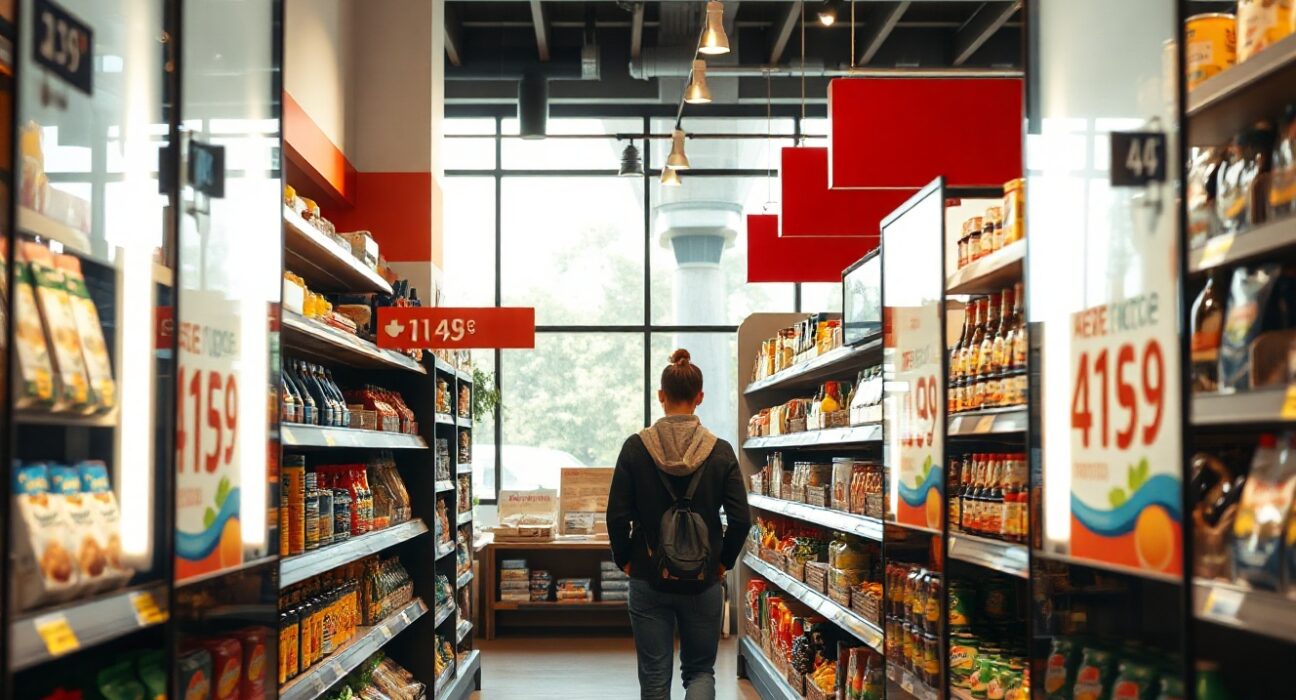 Shopper in a Portuguese supermarket checking prices on shelves