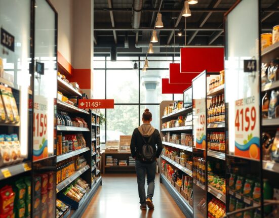 Shopper in a Portuguese supermarket checking prices on shelves