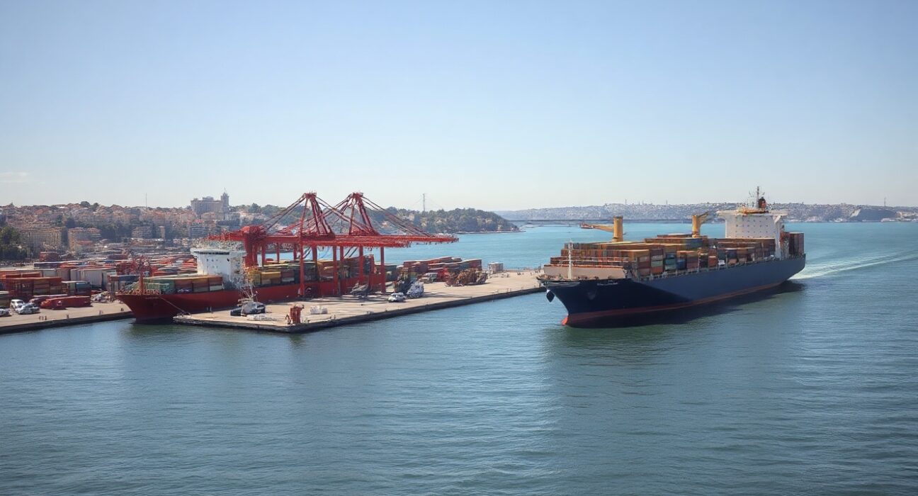 Port of Lisbon with cargo ships and containers, illustrating Portugal's international trade activity in June.