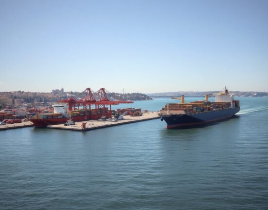 Port of Lisbon with cargo ships and containers, illustrating Portugal's international trade activity in June.
