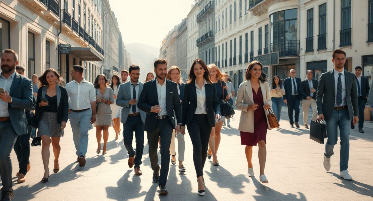 People walking in a busy Lisbon street during a workday, representing Portugal's strong labor market in Q2 2025.