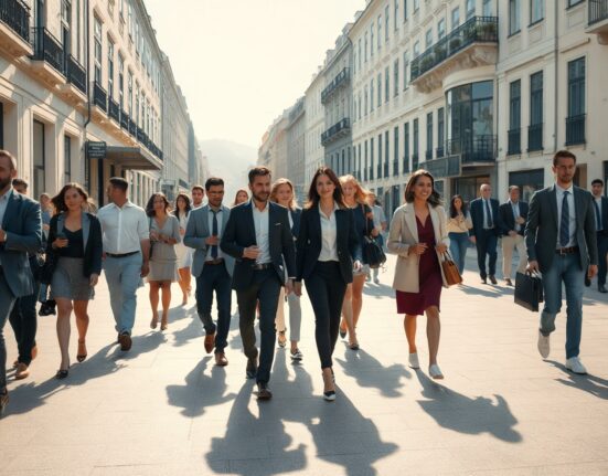 People walking in a busy Lisbon street during a workday, representing Portugal's strong labor market in Q2 2025.