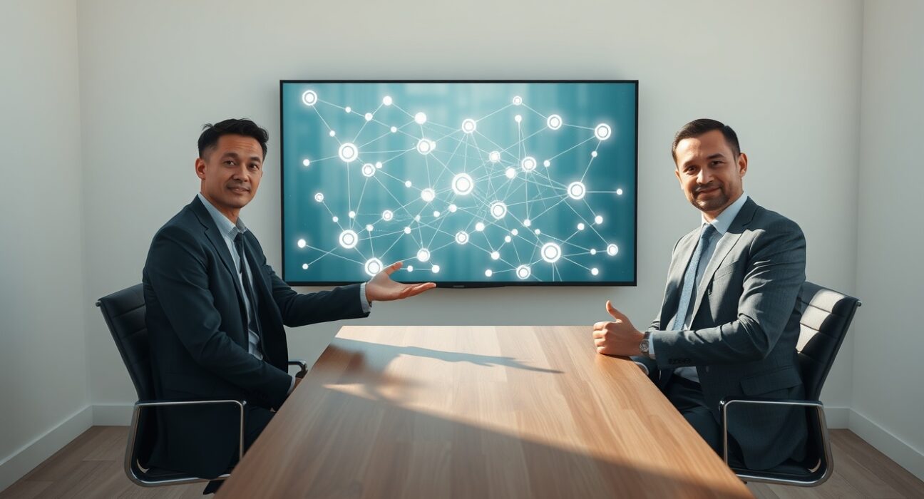 Business professionals discussing blockchain trade finance digitization with a digital network screen in a modern office.