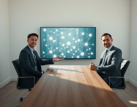 Business professionals discussing blockchain trade finance digitization with a digital network screen in a modern office.