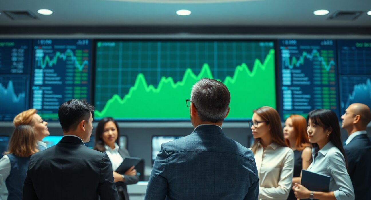 Investors watch a rising chart on a trading floor as post-inflation data boosts market confidence