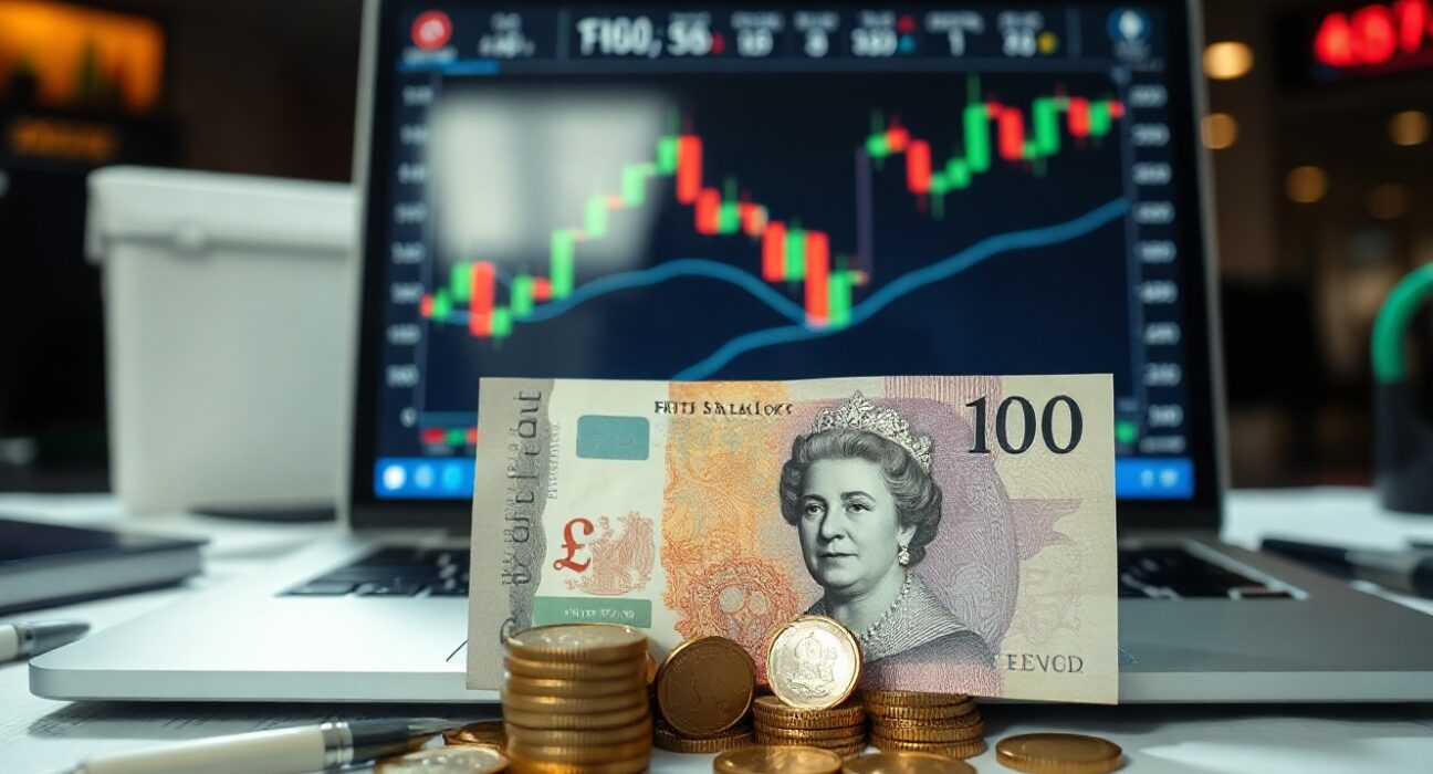 British pound banknotes and coins with a financial chart on a screen in a newsroom setting