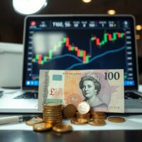 British pound banknotes and coins with a financial chart on a screen in a newsroom setting