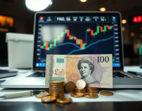 British pound banknotes and coins with a financial chart on a screen in a newsroom setting