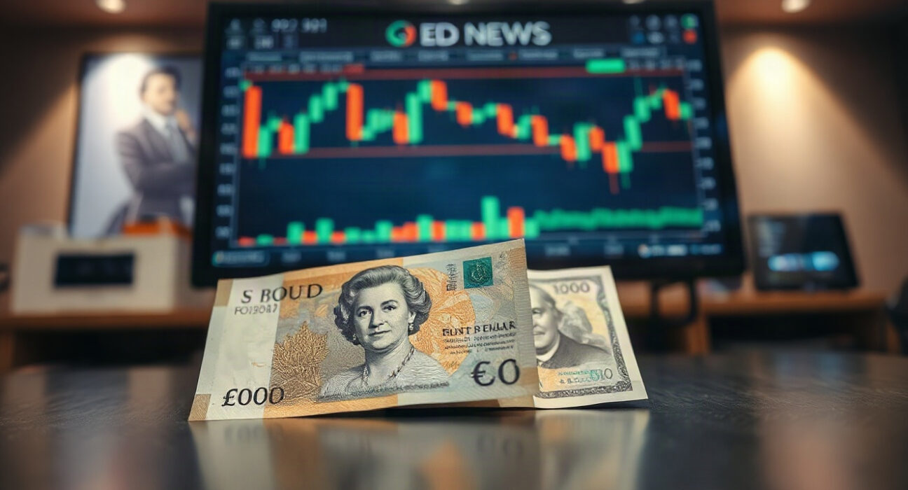 British Pound and US Dollar banknotes on a trading desk with a forex chart in the background