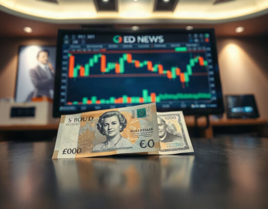 British Pound and US Dollar banknotes on a trading desk with a forex chart in the background