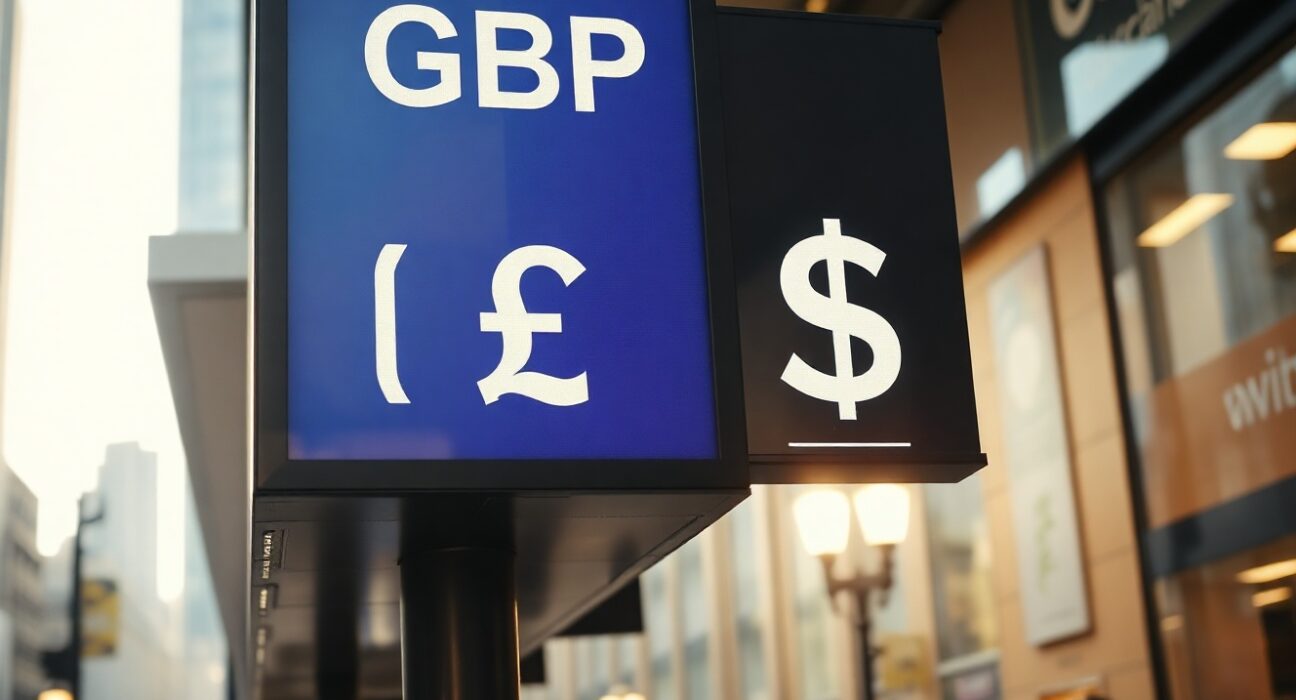 Digital currency exchange board showing GBP/USD rates in a financial district