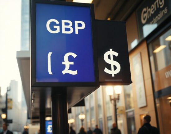 Digital currency exchange board showing GBP/USD rates in a financial district