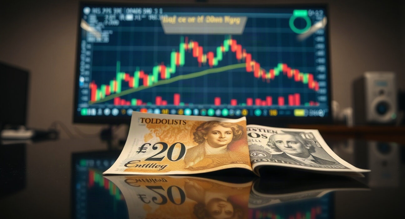 British pound banknotes and US dollars with a forex chart on a monitor