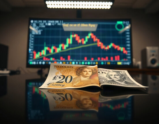 British pound banknotes and US dollars with a forex chart on a monitor