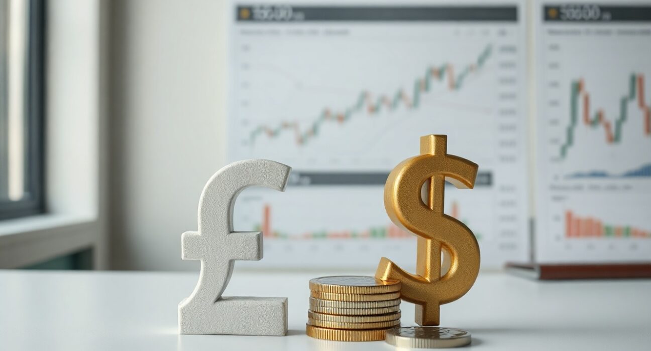 British pound and US dollar banknotes and coins on a desk, symbolizing GBP/USD currency market movements.