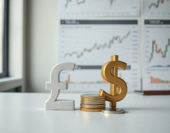 British pound and US dollar banknotes and coins on a desk, symbolizing GBP/USD currency market movements.