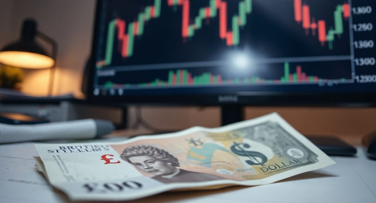British Pound and US Dollar banknotes on a financial desk with a chart in the background