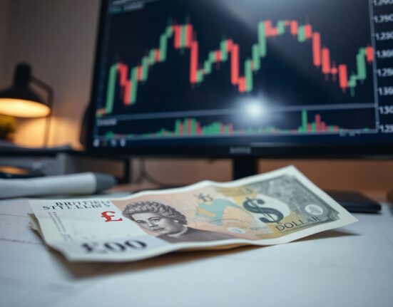 British Pound and US Dollar banknotes on a financial desk with a chart in the background