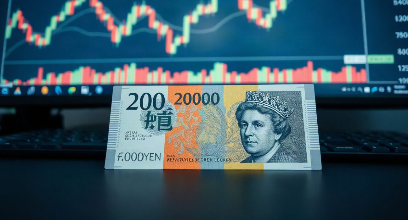 British Pound and Japanese Yen banknotes on a trading desk with charts in the background