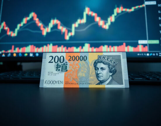 British Pound and Japanese Yen banknotes on a trading desk with charts in the background