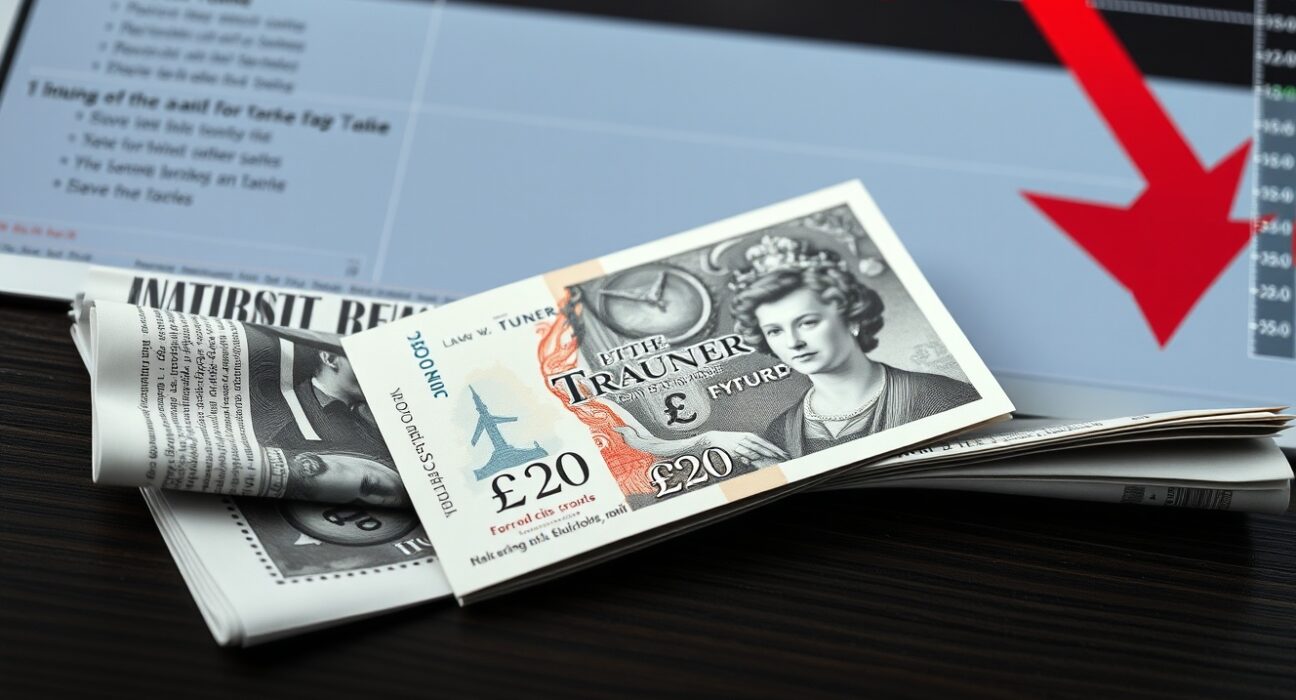 British Pound Sterling banknote on a financial chart with a downward red arrow