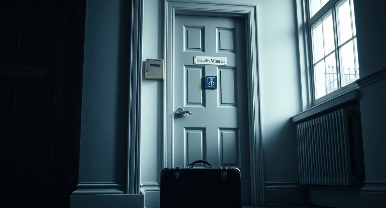 UK Health Minister's office door in Whitehall with resigned nameplate, signaling political crisis