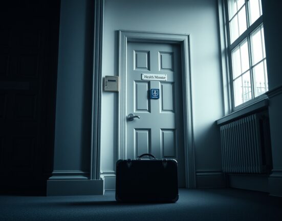 UK Health Minister's office door in Whitehall with resigned nameplate, signaling political crisis