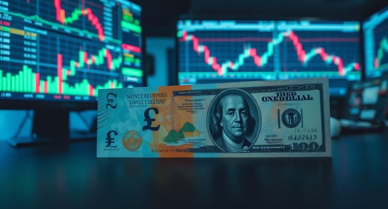 British pound and US dollar banknotes on a trading desk with charts in background