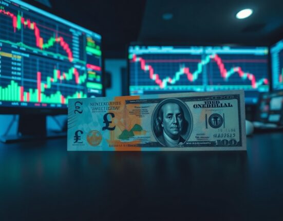 British pound and US dollar banknotes on a trading desk with charts in background