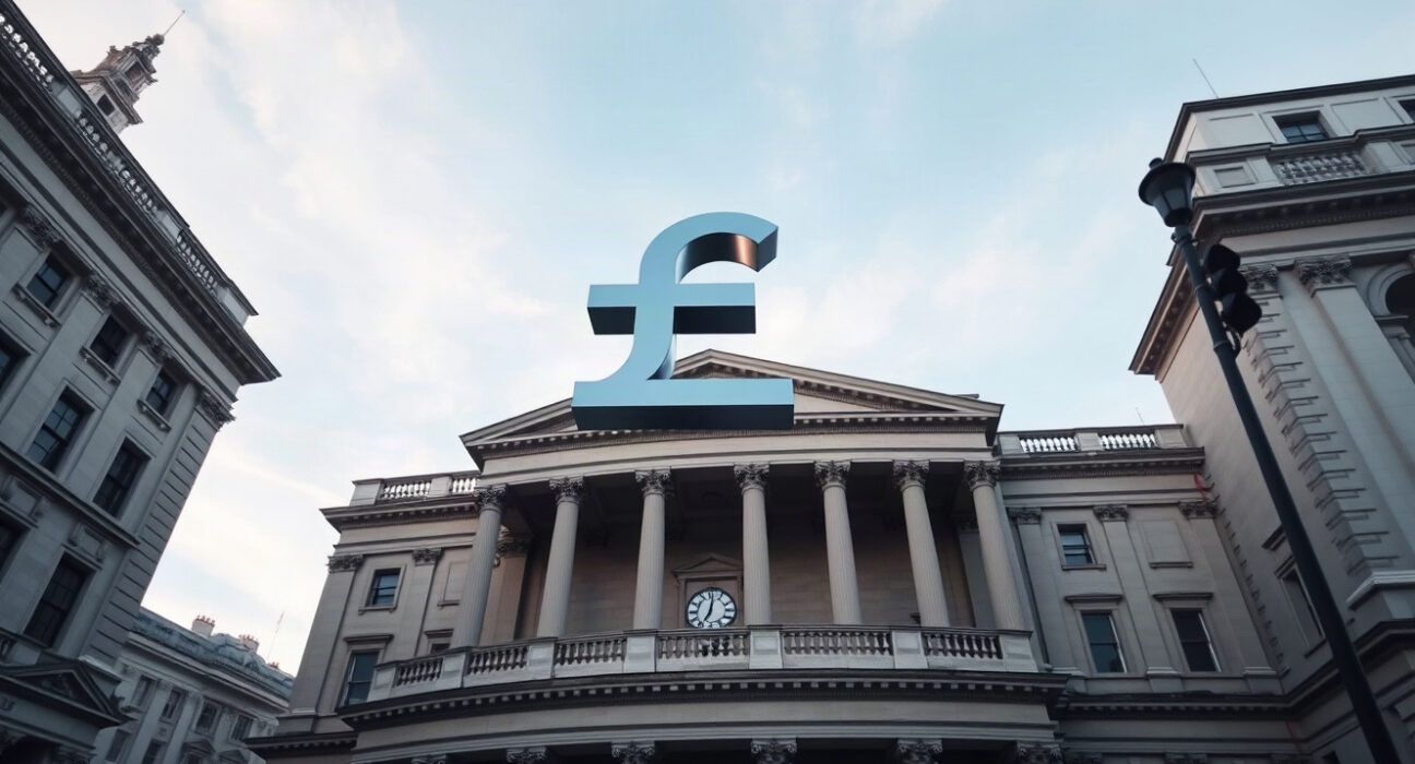 Bank of England building with a large pound sterling symbol in the sky, representing currency markets